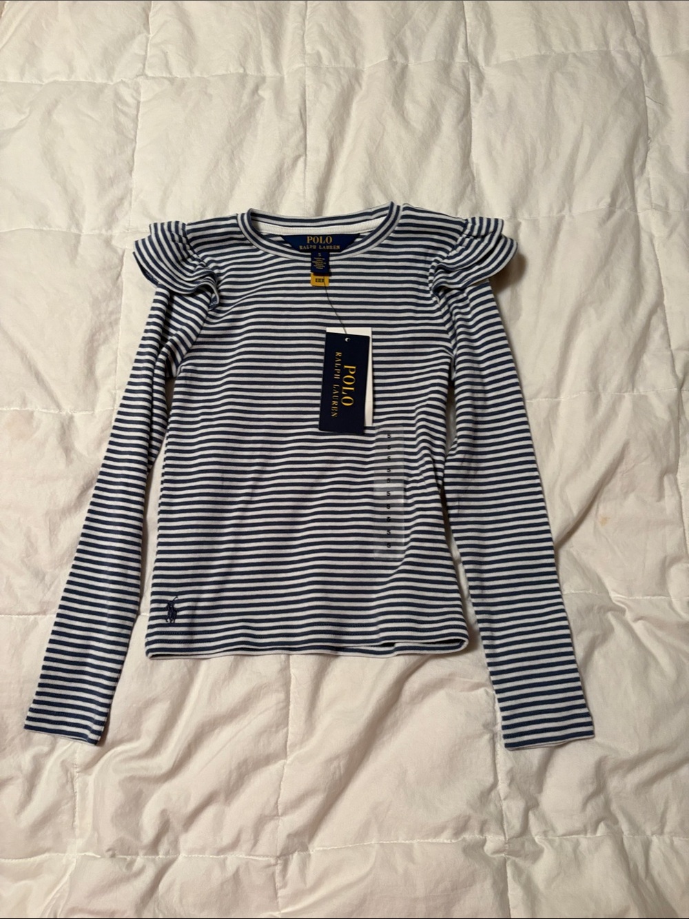Polo Ralph Lauren Navy & White Striped Ruffle Shoulder Top